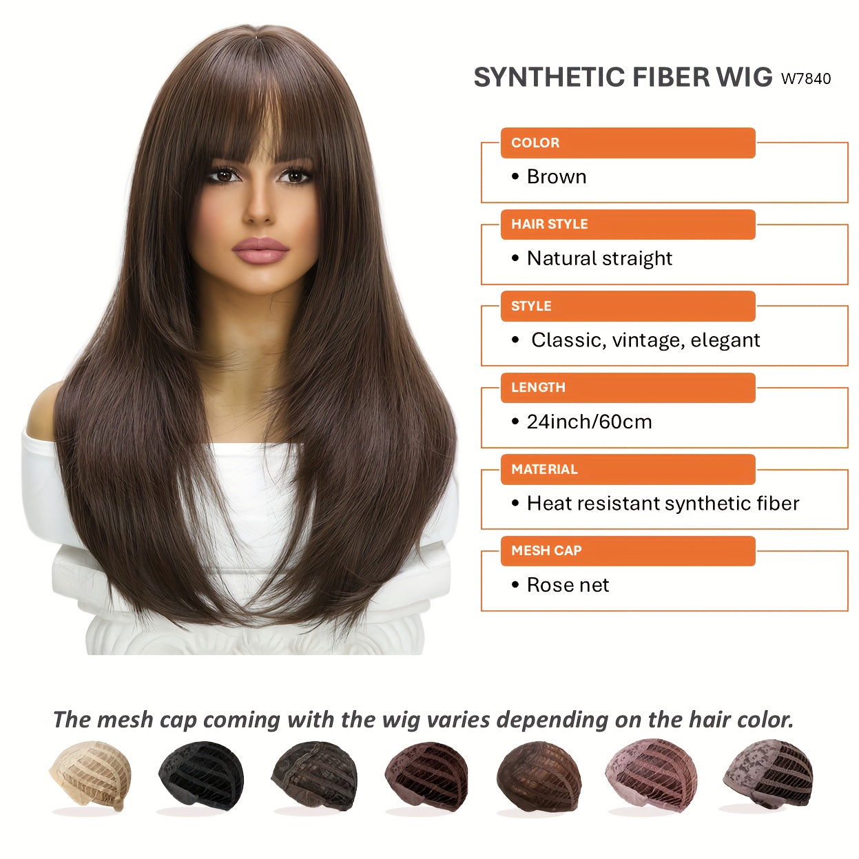 Long Natural Straight Dark Brown Wig, Blunt Bangs, Synthetic Fibers, Perfect For Daily Wear, Rose Net, 24 Inch